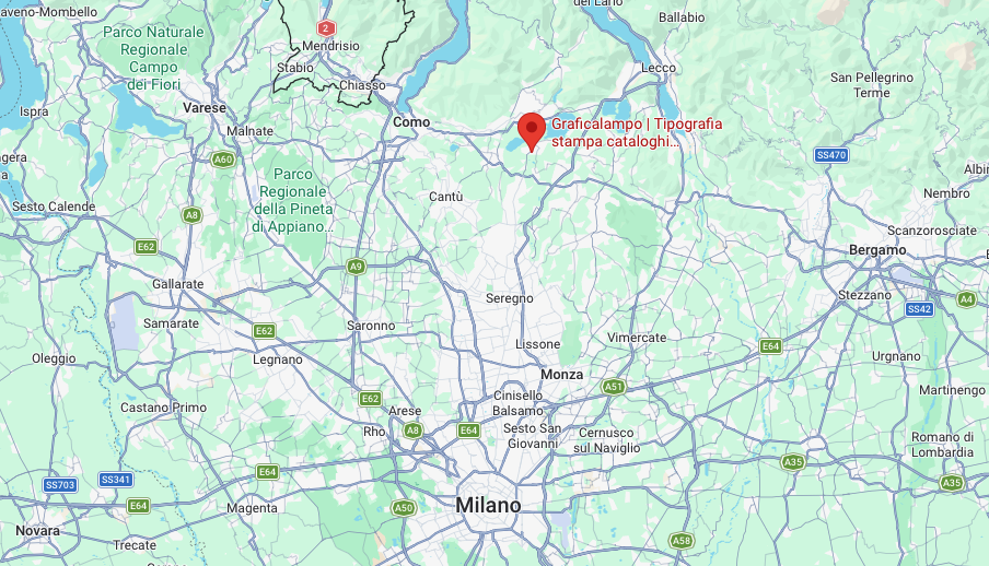 Una mappa dell'Italia settentrionale con un marker per Graficalcampo | Tipografia stampa cataloghi. vicino a Como, a nord di Milano, e le vicine autostrade, città e parchi regionali visualizzati.