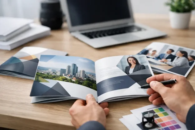 Una persona esamina una brochure stampata con foto e grafica aziendale su una scrivania con un computer portatile, documenti e campioni di colore.
