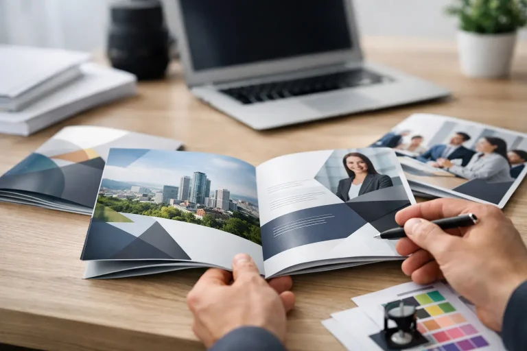 Una persona esamina una brochure stampata con foto e grafica aziendale su una scrivania con un computer portatile, documenti e campioni di colore.