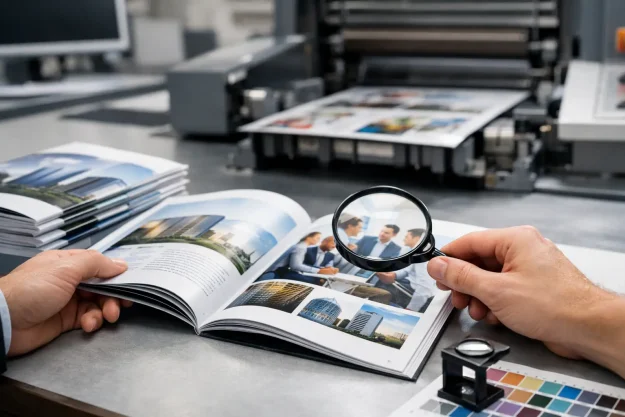 Una persona esamina una rivista stampata con una lente d'ingrandimento in un impianto di stampa, con attrezzature di stampa e altre riviste visibili sullo sfondo.