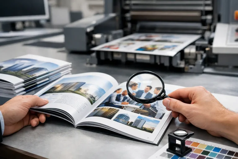 Una persona esamina una rivista stampata con una lente d'ingrandimento in un impianto di stampa, con attrezzature di stampa e altre riviste visibili sullo sfondo.