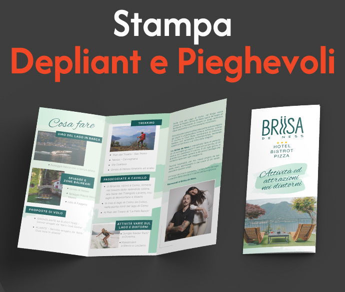 Depliant pieghevole per illustrare attività per albergo ristorante sul lago