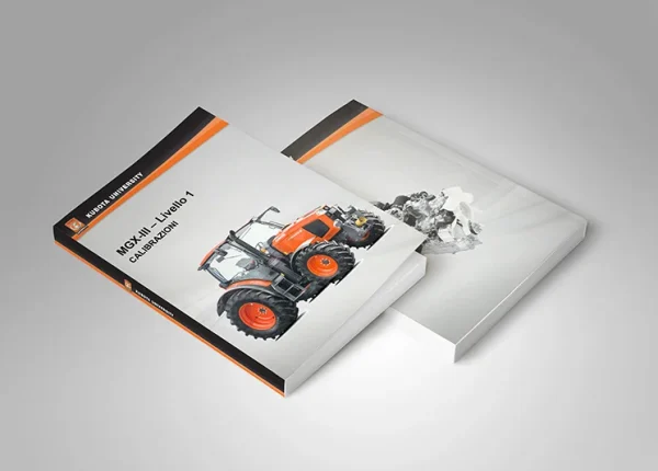 Due libri rilegati in brossura sono rappresentati su uno sfondo grigio; una copertina presenta un trattore rosso e un testo, mentre l'altra mostra un'immagine in scala di grigi.