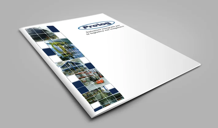 Un catalogo o una brochure con il logo Prolog, una griglia di immagini industriali e logistiche sulla sinistra e un testo in italiano su sfondo bianco.