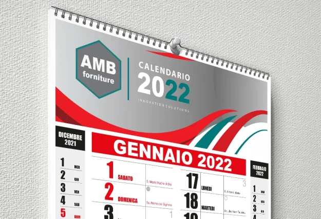 Calendario da parete del mese di gennaio 2022 in italiano, con date evidenziate e marchio AMB Forniture in alto.