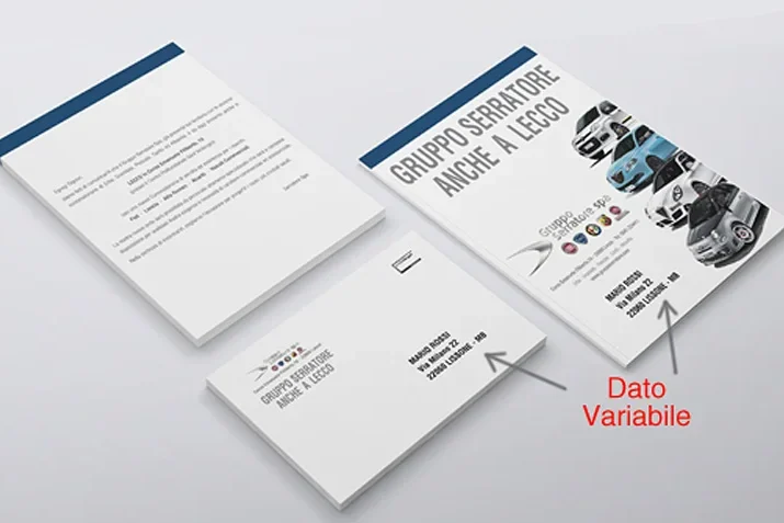 Tre materiali di marketing stampati, tra cui una lettera, una busta e un volantino con il testo "GRUPPO SERRATORE ANCHE A LECCO" e immagini di automobili, visualizzati su una superficie bianca.