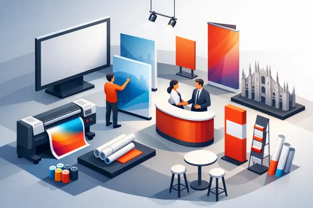 immagine con cataloghie e materiale per fiera fiera a Milano con immagine duomo